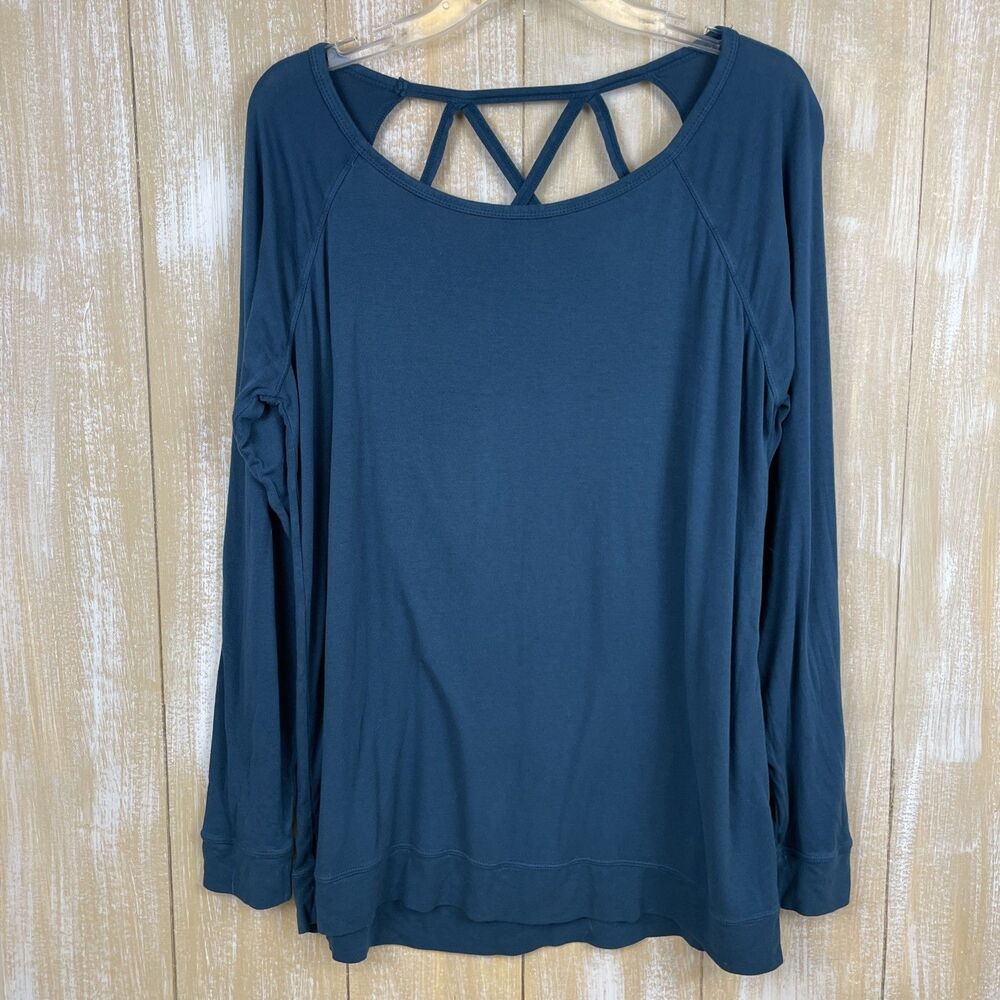 Gaiam Womens Pullover T-Shirt Womens L Teal Blue Long Sleeve Strappy Workout